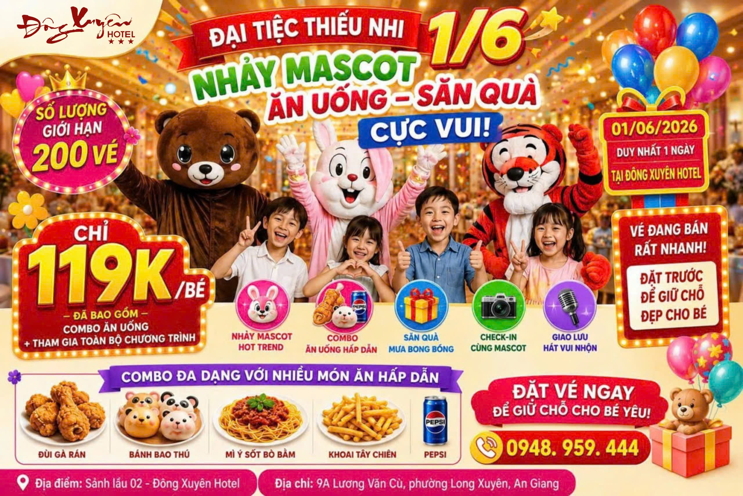 ĐÔNG XUYÊN HOTEL CHÍNH THỨC MỞ BÁN VÉ ĐẠI TIỆC THIẾU NHI 01/06 – TRẨY HỘI CÙNG MASCOT